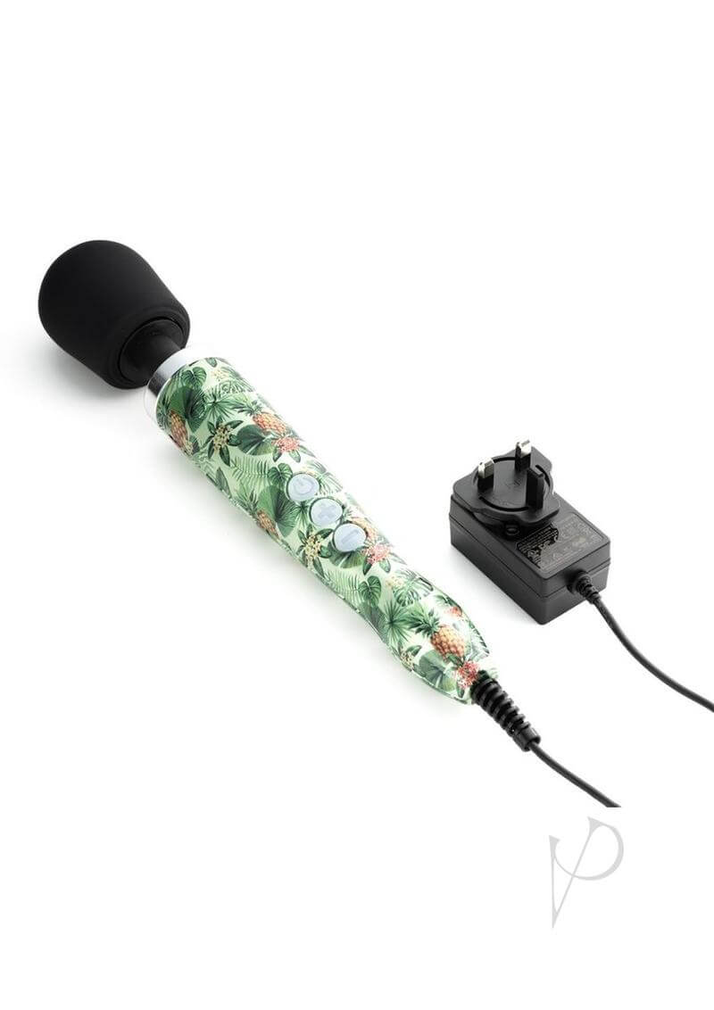 Doxy Die Cast Wand Vibrator in tropical design with charging plug, luxurious keepsake box.