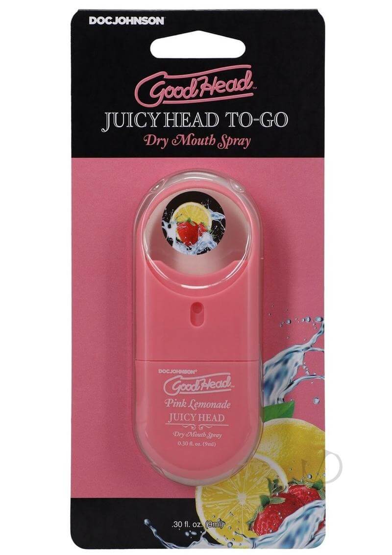 GoodHead Juicy Head Dry Mouth Spray To-Go in Pink Lemonade flavor, 0.30 oz travel size for instant moisture and fresh breath.