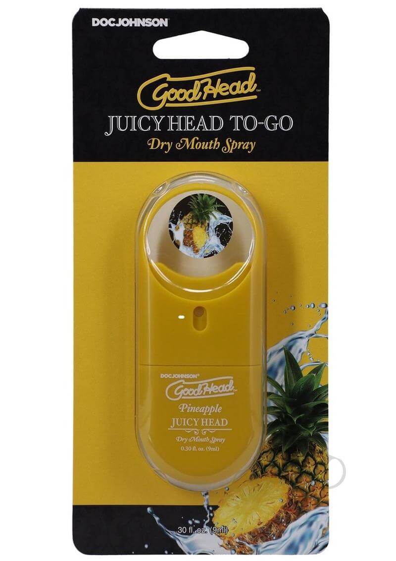 GoodHead Juicy Head Dry Mouth Spray To-Go in Pineapple flavor, 0.30 oz travel-sized packaging for fresh breath and moisture.