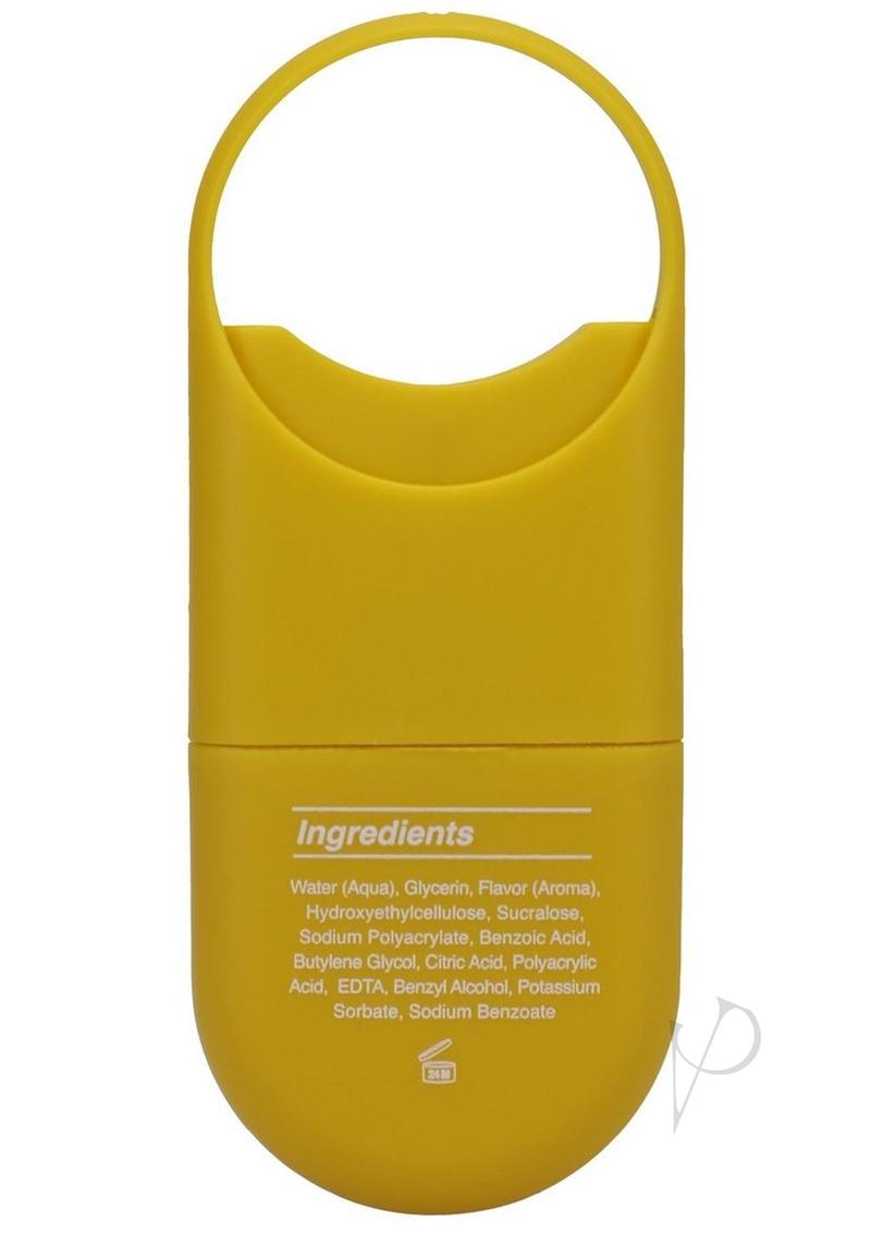 GoodHead Juicy Head Dry Mouth Spray ingredients label on a yellow container, highlighting key components for users.