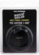 Rock Solid Leather 3 Snap Cock Ring packaging, showcasing genuine cowhide material and strong nickel snaps.