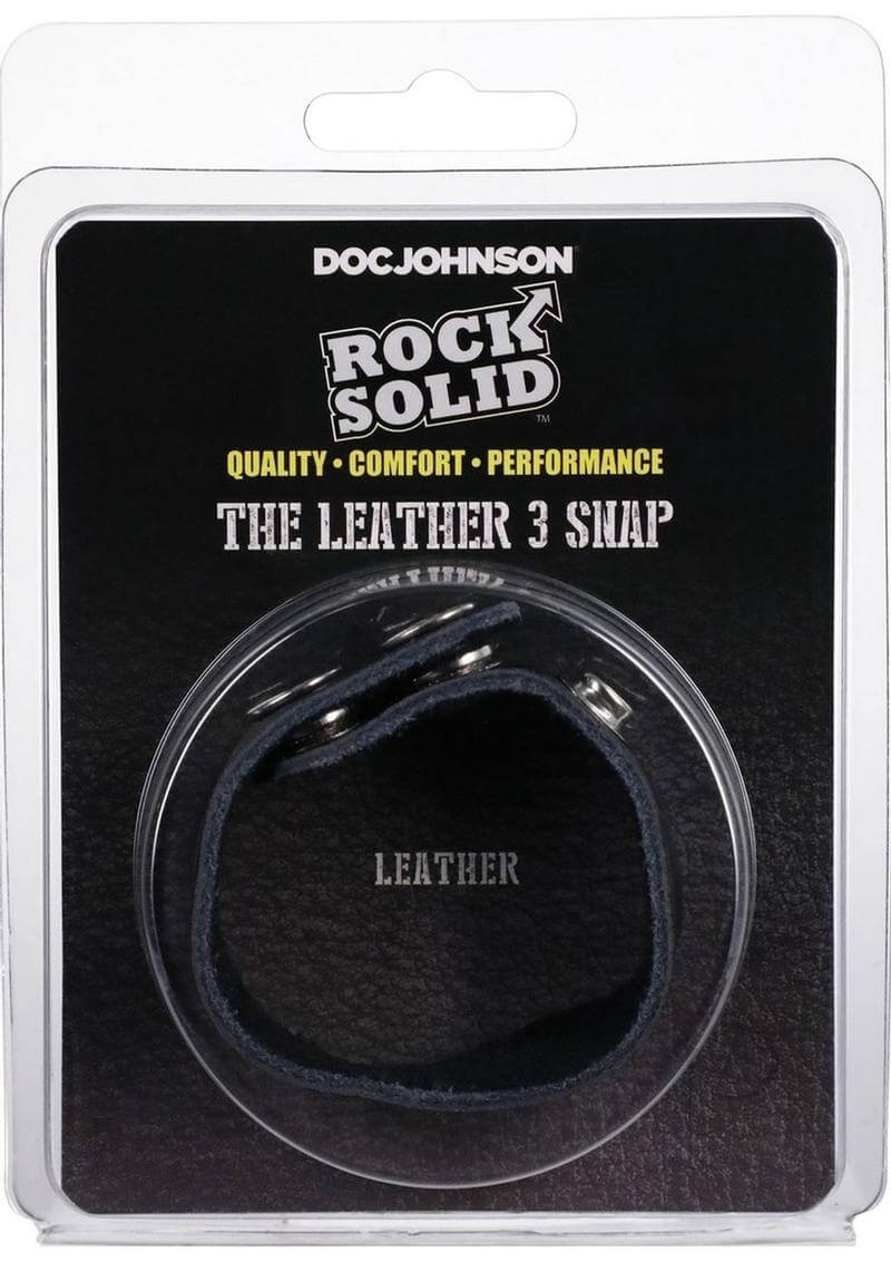 Rock Solid Leather 3 Snap Cock Ring packaging, showcasing genuine cowhide material and strong nickel snaps.