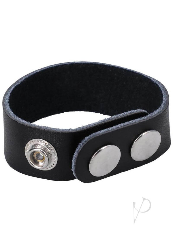 Rock Solid Adjustable Leather 3 Snap Cock Ring in black, made from genuine cowhide with strong nickel snaps for comfort.
