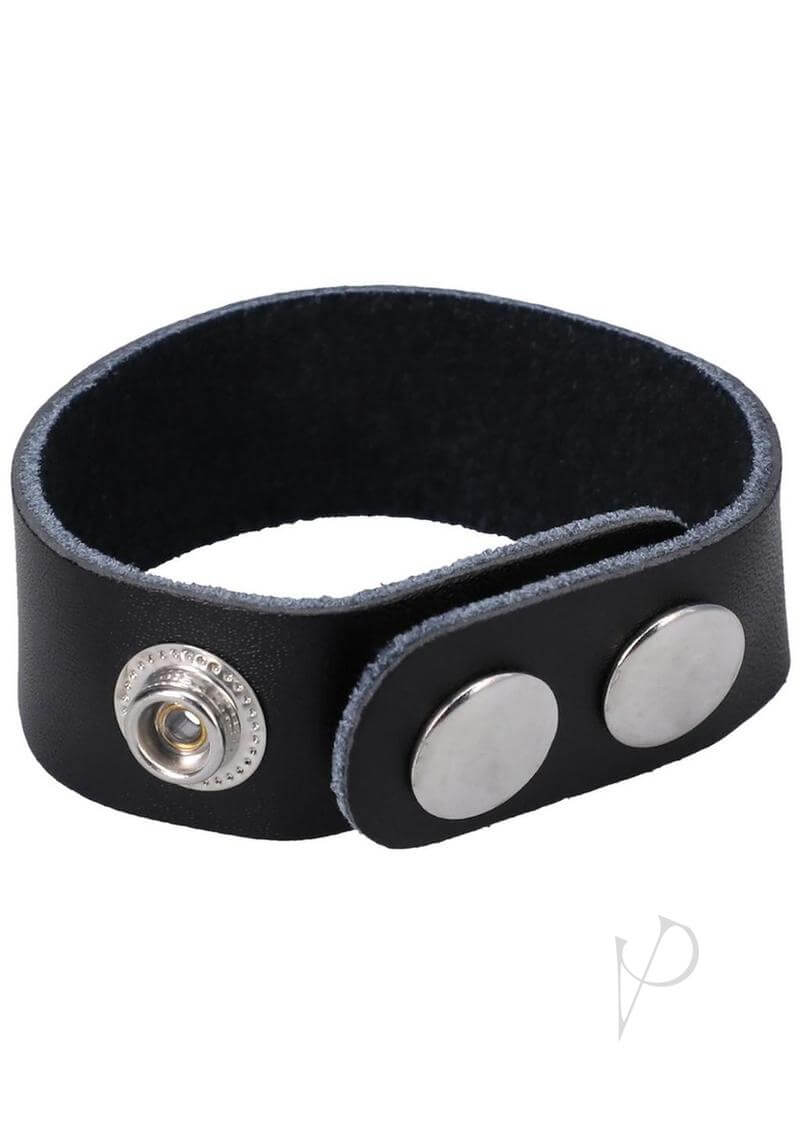 Rock Solid Adjustable Leather 3 Snap Cock Ring in black, made from genuine cowhide with strong nickel snaps for comfort.