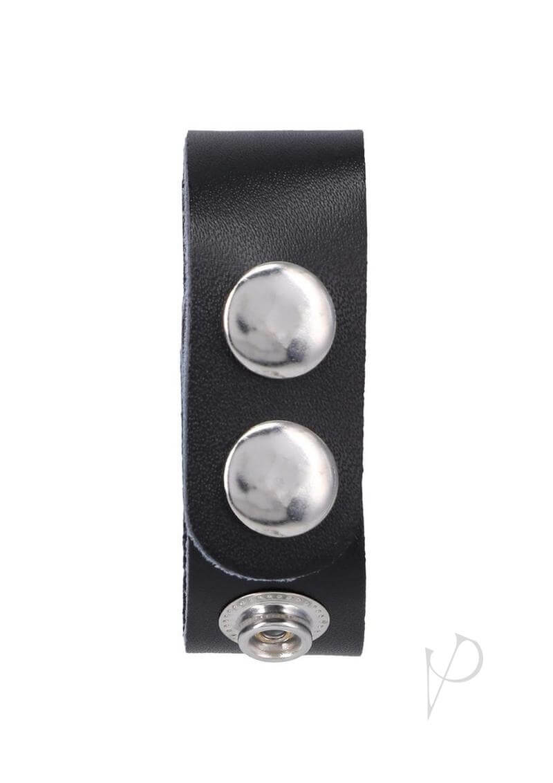 Black leather 3 snap cock ring featuring strong nickel snaps for adjustable fit and enhanced endurance.