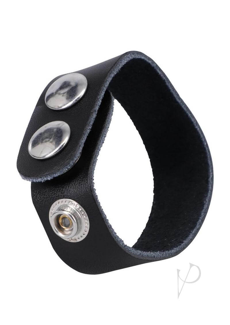 Rock Solid adjustable leather 3 snap cock ring in black, made from genuine cowhide with strong nickel snaps.