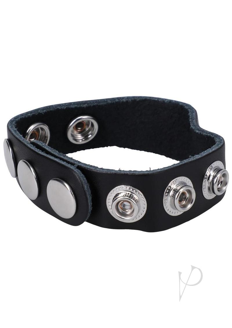 Rock Solid The Leather 5 Snap Adjustable Cock Ring Black, premium leather ring with snap buttons for a customizable fit.