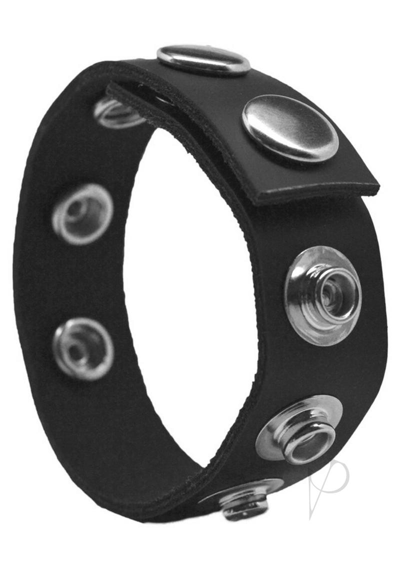 Rock Solid The Leather 5 Snap Adjustable Cock Ring Black, black leather cock ring with snap buttons