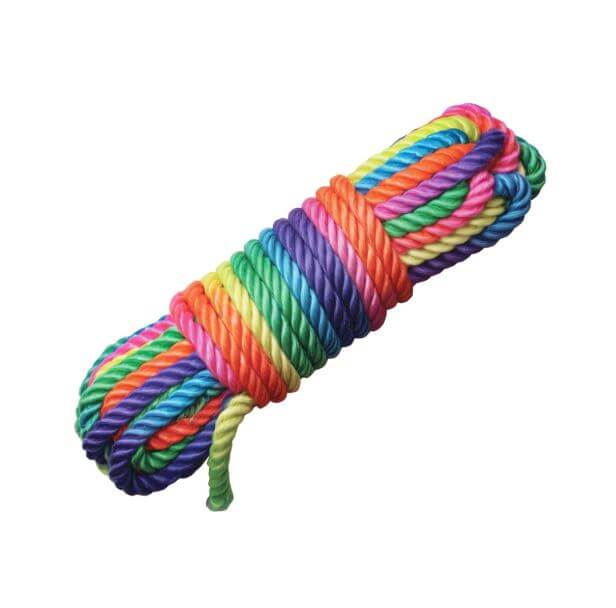 Master Series Bondage Rope 32 ft Rainbow showing a vibrant, twisted nylon rope in multiple colors.