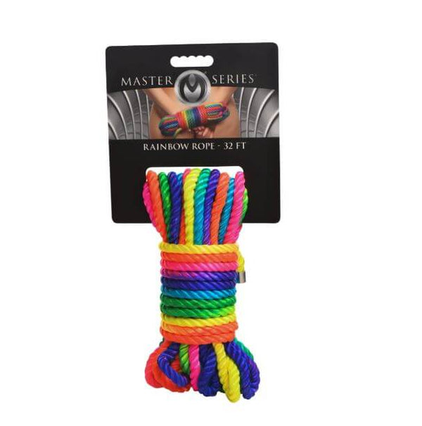 Master Series Bondage Rope 32 ft Rainbow displayed in vibrant colors with packaging, ideal for kinbaku and shibari.