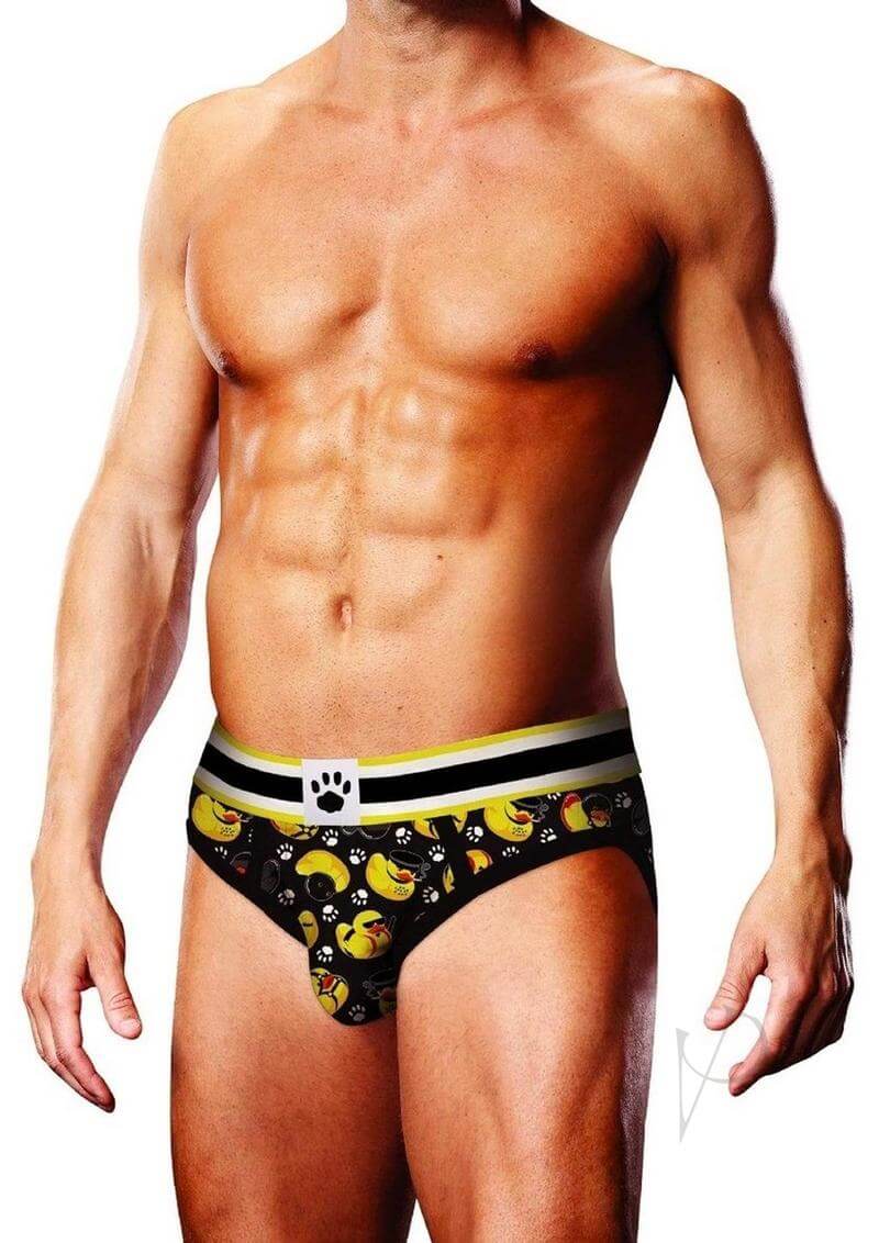 Prowler BDSM Rubber Ducks Brief Black Yellow Large model showcasing playful design and comfortable fit.