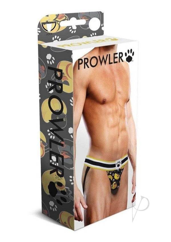 Prowler BDSM Rubber Ducks Jock Extra Small Black Yellow packaging with model wearing jock strap.