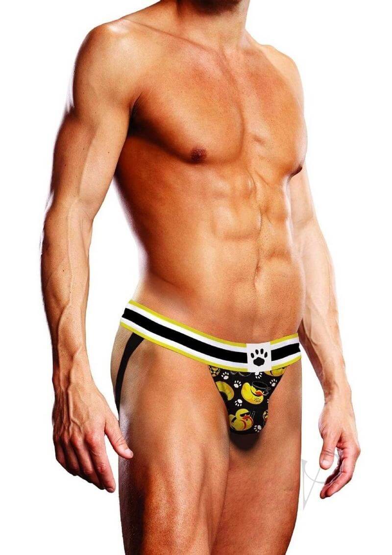 Prowler BDSM Rubber Ducks Jock Extra Small Black Yellow model showcasing the playful design and comfortable fit.