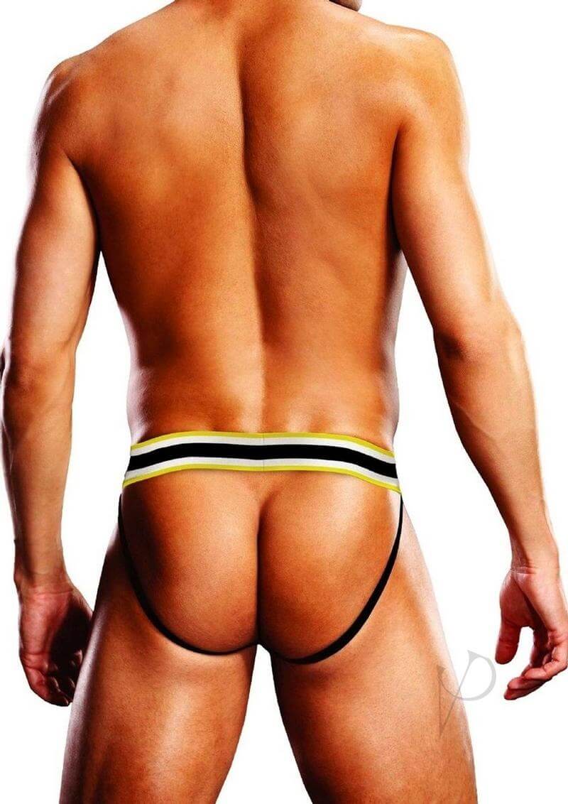 Prowler BDSM Rubber Ducks Jock Extra Small Black Yellow on a model showing the back view.