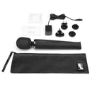 Le Wand Rechargeable Massager Wand Black with charger, travel pouch, and user guide accessories.