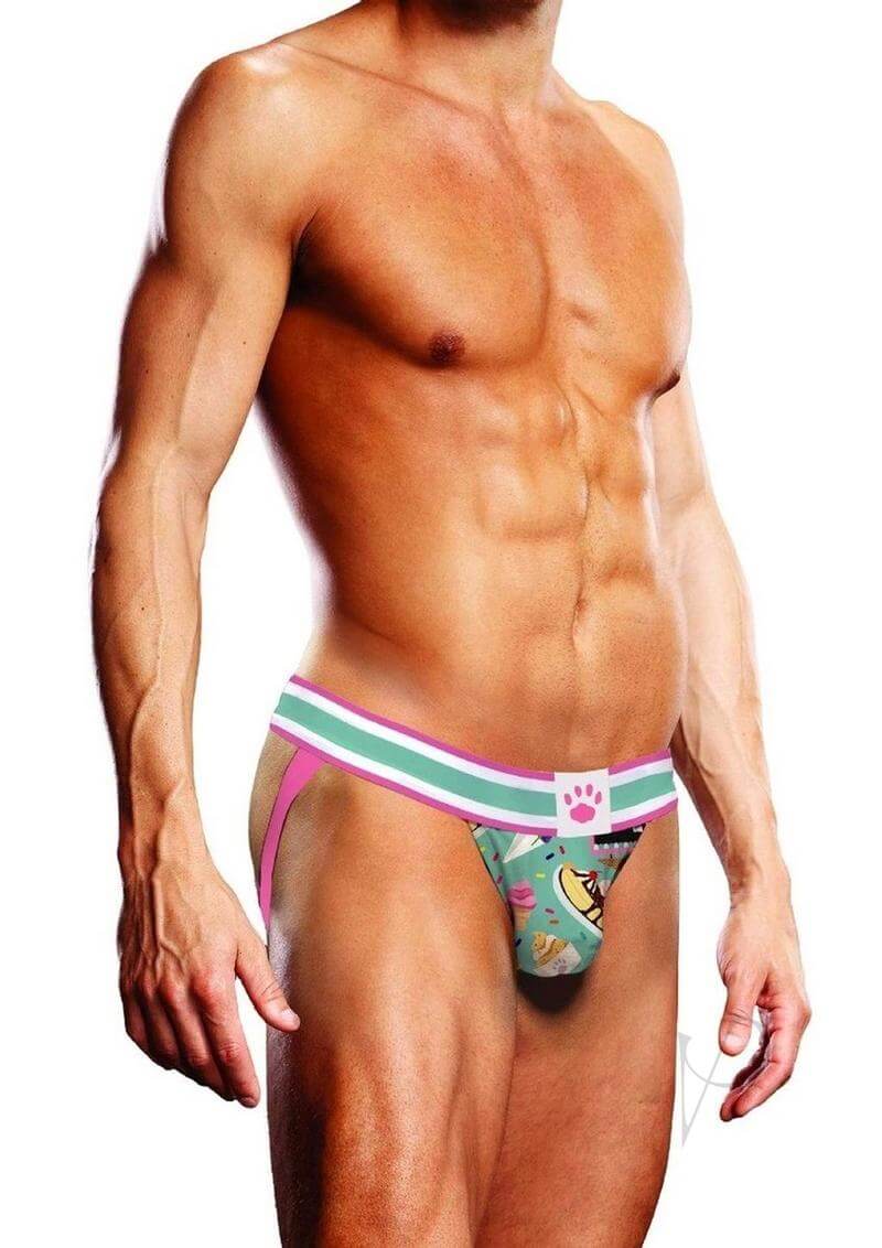Prowler Sundae Jock XL Blue Pink showcased on a model, featuring bold pastel colors and playful design for underwear collection.
