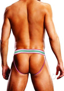 Back view of a man wearing the Prowler Sundae Jock XL Blue Pink jockstrap showcasing its vibrant colors.