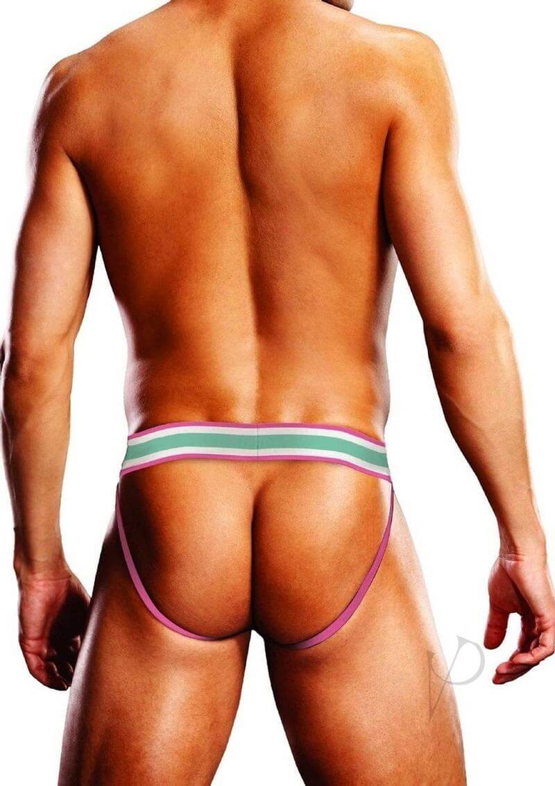 Back view of a man wearing the Prowler Sundae Jock XL Blue Pink jockstrap showcasing its vibrant colors.