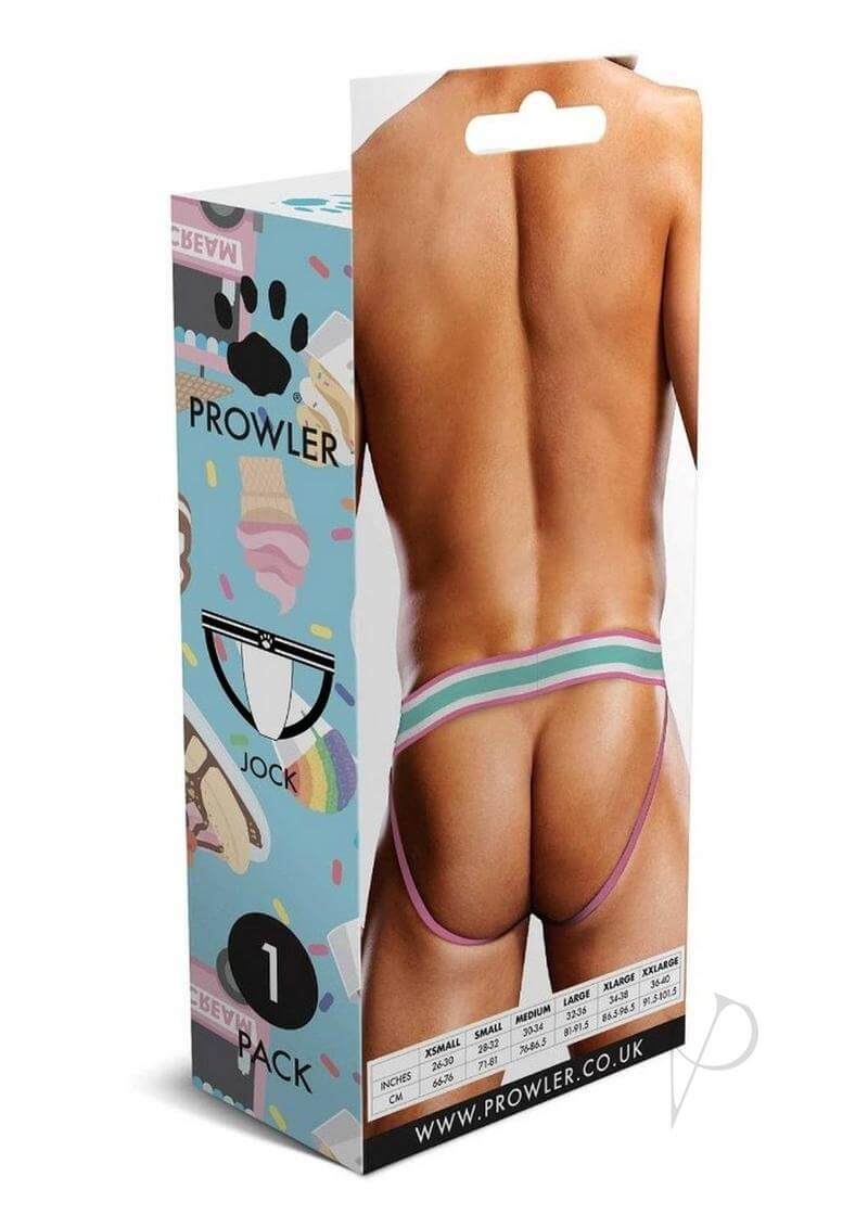 Prowler Sundae Jock XL Blue Pink packaging showcasing a vibrant jockstrap design and playful colors.
