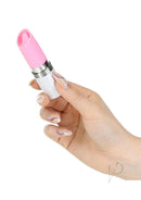 Pillow Talk Lusty Flickering Clitoral Massager Pink held in hand for discreet pleasure.