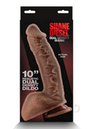 Shane Diesel Silicone Dual Dense Dildo Chocolate realistic design with 10" size packaging shown in detail.