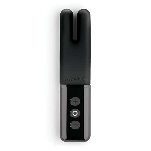 Le Wand Chrome Deux Rechargeable Silicone Mini Vibrator Black displayed from above with bunny ear design and control buttons.