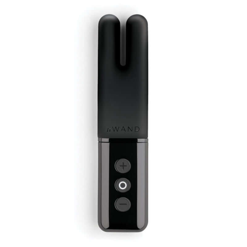 Le Wand Chrome Deux Rechargeable Silicone Mini Vibrator Black displayed from above with bunny ear design and control buttons.