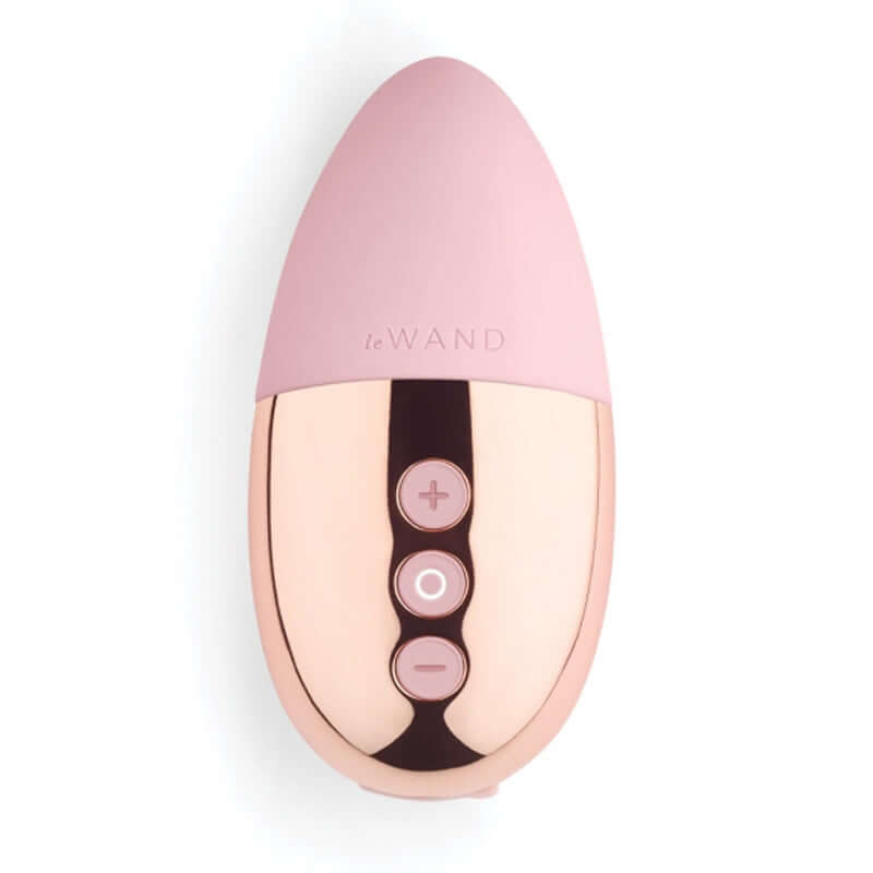 Le Wand Chrome Point Rechargeable Mini Vibrator Rose Gold top view with buttons and sleek design.