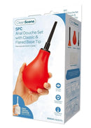CleanScene Anal Douche Set Classic Flared Base Red packaging showing a hand holding the red anal douche bulb.