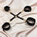 Edonista Alice 14 Piece Bondage Set showcasing leather cuffs and connectors on satin fabric.