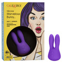 Mini Marvels Silicone Marvelous Bunny Vibrator Purple in packaging with a surprised woman, featuring bunny ears for clitoral pleasure.
