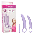 Dr Laura Berman Isabelle Vibrating Silicone Dilator Set packaging and two silicone dilators in a light purple color.