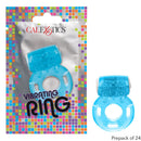 Foil Pack Vibrating Ring Blue 24 Pack with a clear blue vibrating cock ring and colorful foil packaging.