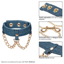 Ride 'em Premium Denim Collection Ankle Cuffs with adjustable snap closures and gold chains, ideal for bondage play.