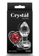 Crystal Desires Red Heart Glass Anal Plugs Small in stylish packaging with heart-shaped accent and clear glass design.
