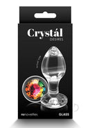Crystal Desires Rainbow Gem Glass Anal Plugs Medium in packaging with colorful gem accent.