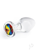 Crystal Desires Rainbow Gem Glass Anal Plugs Medium with multi-colored gem accents on a smooth glass base.