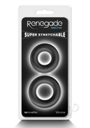 Renegade Erectus Silicone Cock Ring Black displayed in packaging, showcasing its super stretchable design.