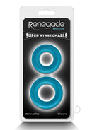 Renegade Erectus Silicone Cock Ring Teal packaging featuring two super stretchable teal silicone rings.