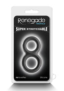Packaging of Renegade Twofold Silicone Cock Ring Black featuring super stretchable design.