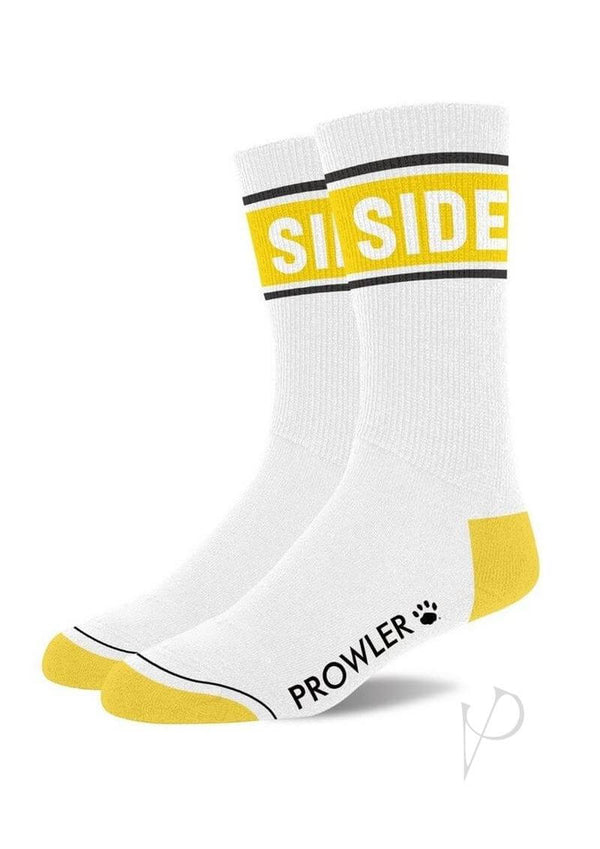 Prowler SIDE Socks White Yellow with vibrant yellow accents and bold SIDE text on a clean white base.