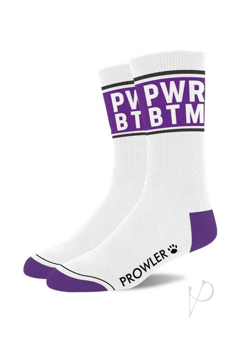 Prowler PWR BTM Socks White Purple showcasing bold design with purple accents and playful branding.