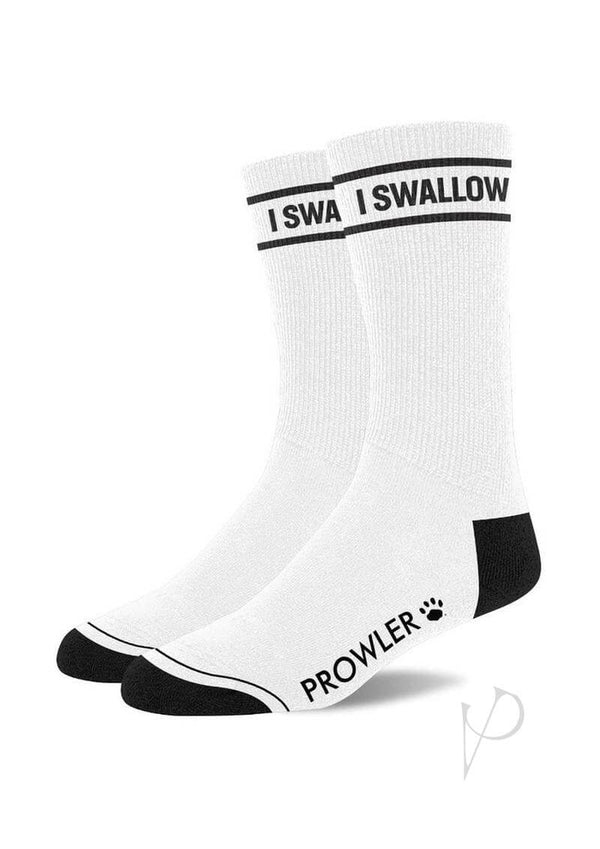 Prowler RED I SWALLOW Socks White Black with bold I Swallow lettering and black accents for a cheeky style.