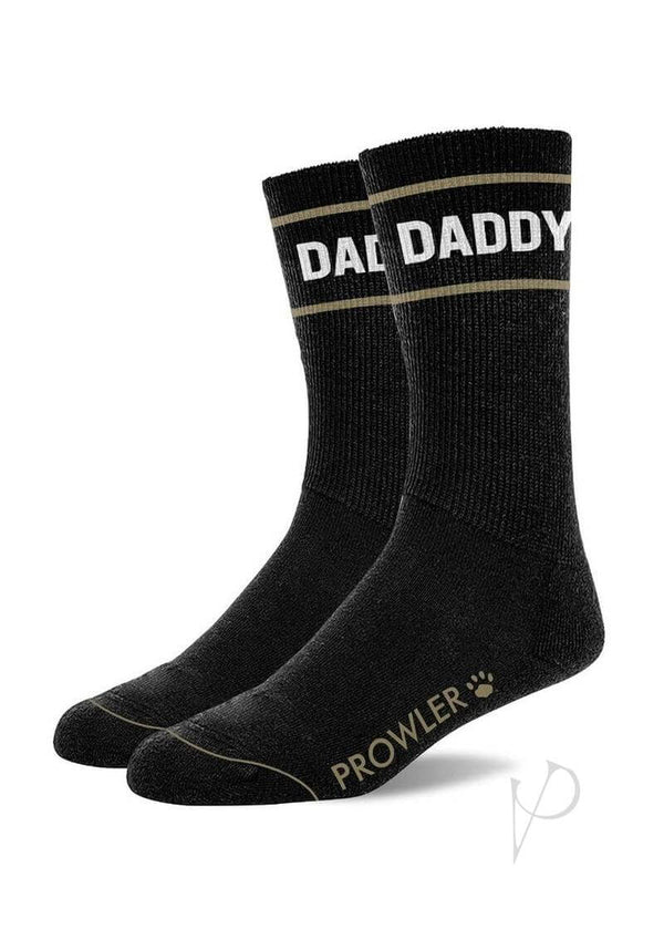 Prowler RED DADDY Socks Black White featuring bold DADDY text, stylish black design with gold accents.