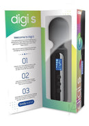 Bodywand Digi S Rechargeable Silicone Mini Massager Black packaging with user instructions and device visible.