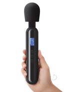 Bodywand Digi Rechargeable Silicone Wand Massager Black held in hand with a digital display and sleek design.