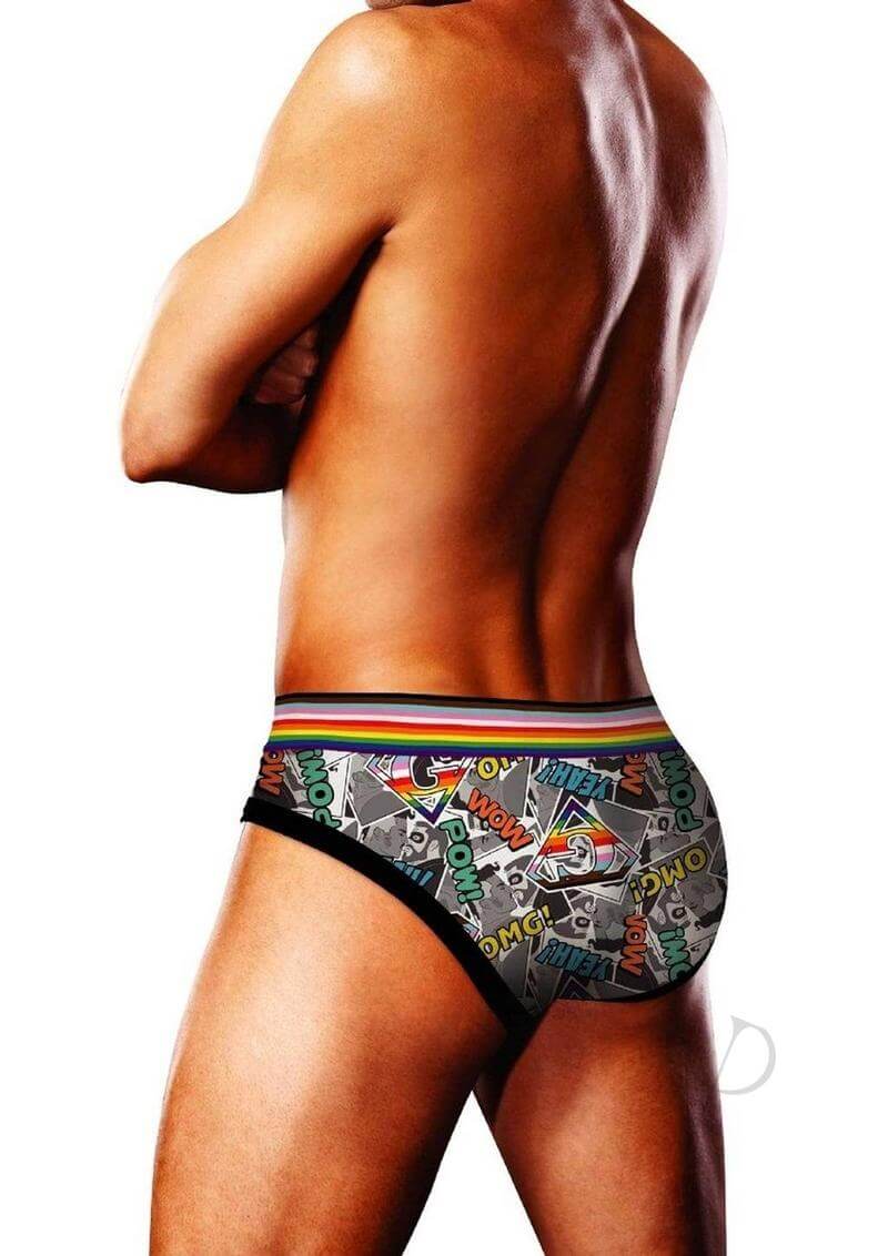Prowler Comic Book Brief Small Gray worn by model showcasing its playful comic book design.