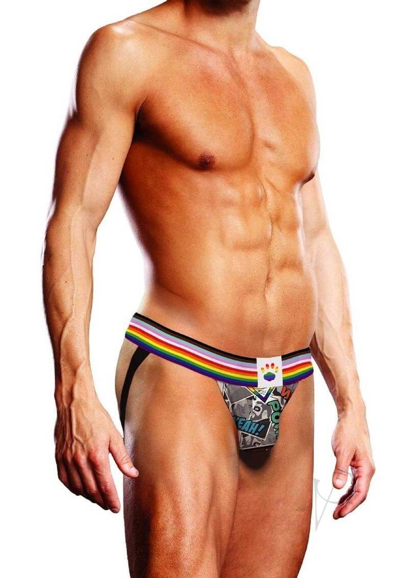 Prowler Comic Book Jock Small Gray Multicolor on a muscular male model showcasing its vibrant comic-inspired design.