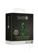 Ouch Glass Butt Plug Glow in the Dark Small Green packaging showcasing glow-in-the-dark feature for playful experiences.