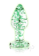 Ouch Glass Butt Plug Glow in the Dark Small Green with fluorescent detailing, designed for playful experiences.